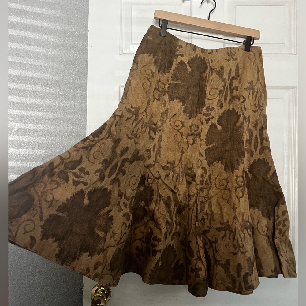 Ralph Lauren Tan and Brown Floral Midi linen Skirt - Picture 2 of 4